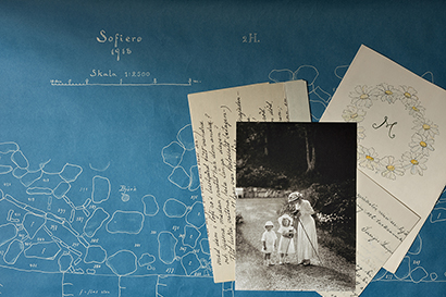 Collage of photographs showing Crown Princess Margareta, Prince Bertil and Princess Ingrid, letters and garden sketches