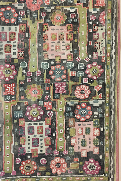 Märta Måås-Fjetterströms akvarellskiss av mönstret till mattan Svarta Trädgårdsmattan.
